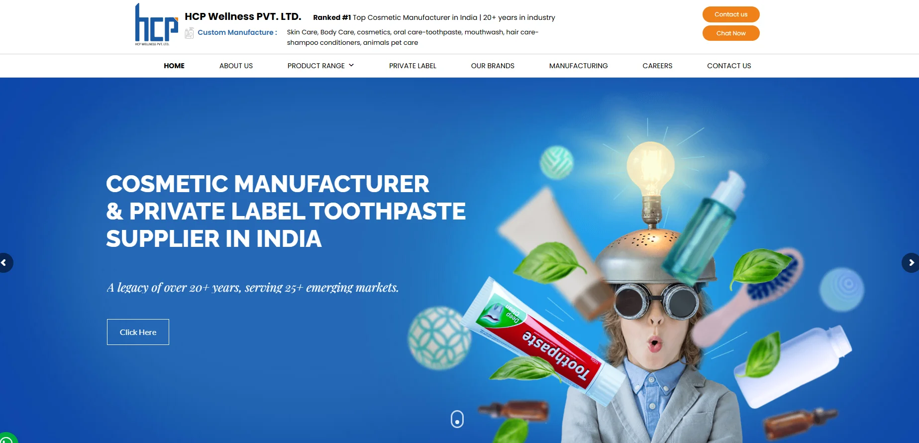 Banner for HCP Wellness Pvt. Ltd. highlighting its role as a leading cosmetic manufacturer and private label toothpaste supplier in India.